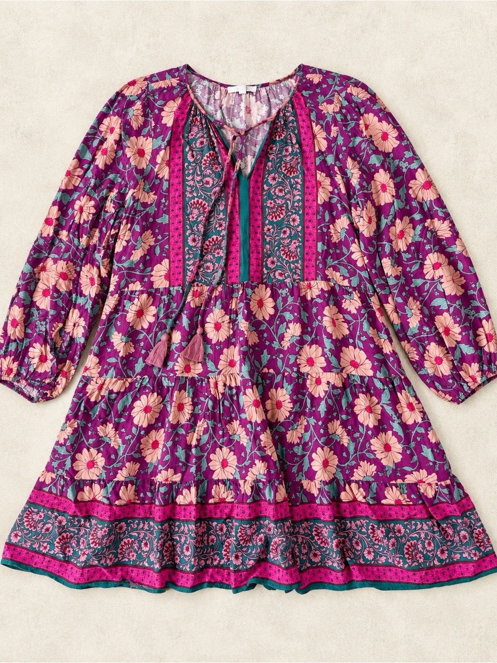 Easel Woman Fuchsia Floral Relax Tassel Babydoll Dress SMALL Boho Cottagecore